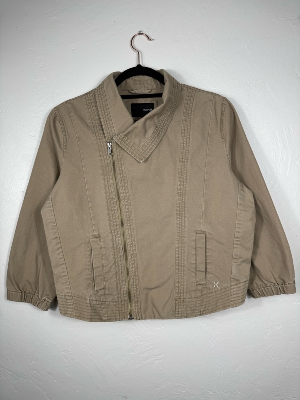 Hurley Cropped Cotton Canvas Tan Asymmetrical Zip Moto Jacket Small